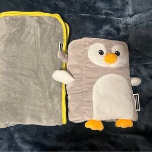 Kids Gray and White Penguin Plush Travel Blanket and pillow with clip